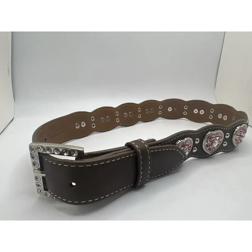 Nocona Girls Pink Rhinestone Hearts Western Belt Buckle Pink Brown Sz-24